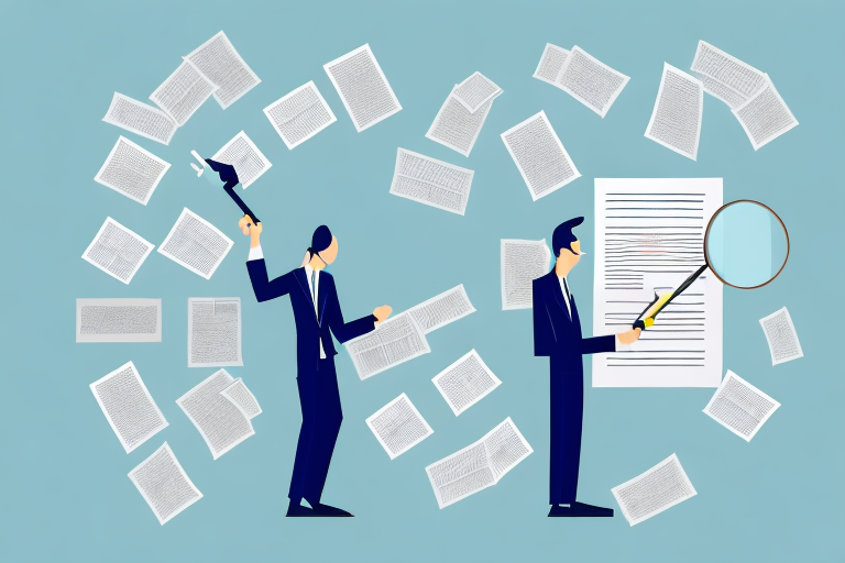 A businessperson looking through a magnifying glass at a stack of documents