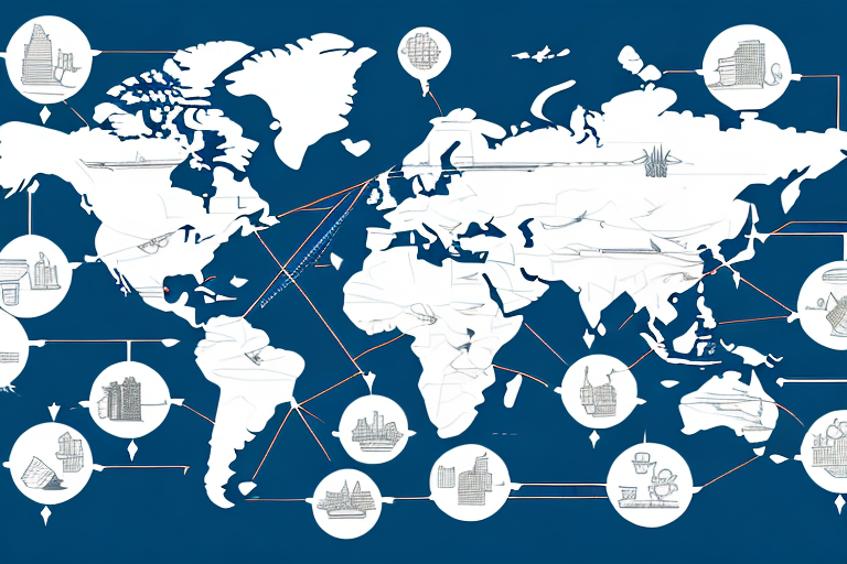 A global map with arrows showing the flow of goods and services between countries