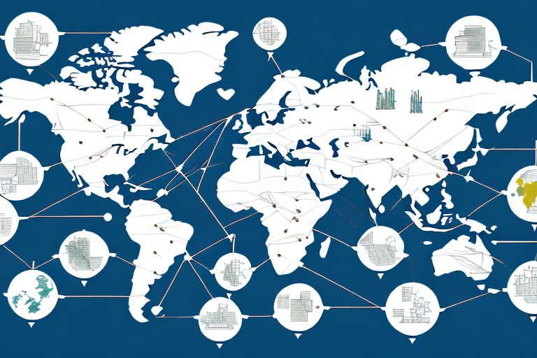 A global map with arrows representing the flow of goods and services between countries