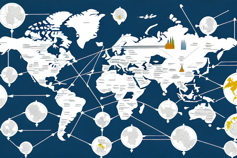 A global map with arrows pointing in different directions to represent the flow of goods and services between countries