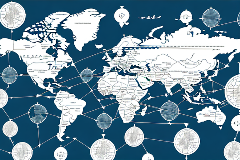 A global map with arrows pointing from one country to another