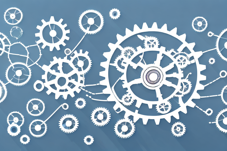 A complex system of interconnected gears and cogs representing the process of trade compliance outsourcing