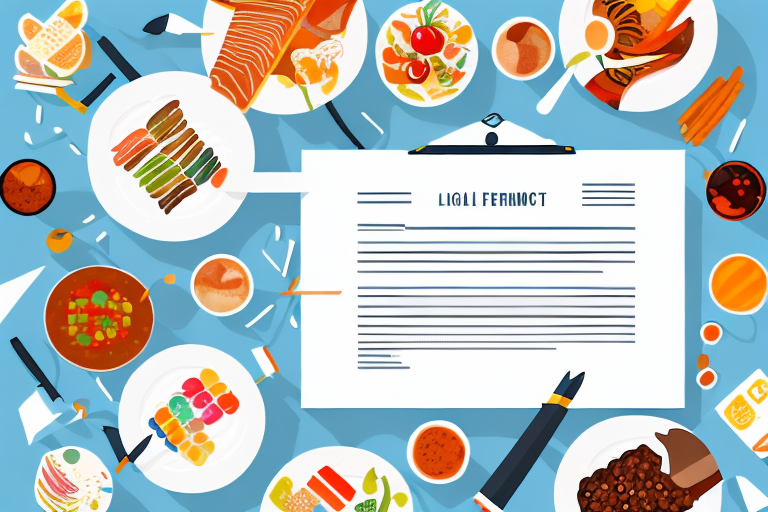 A variety of food items with a legal document in the background