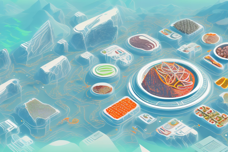 A futuristic landscape with a variety of food sources