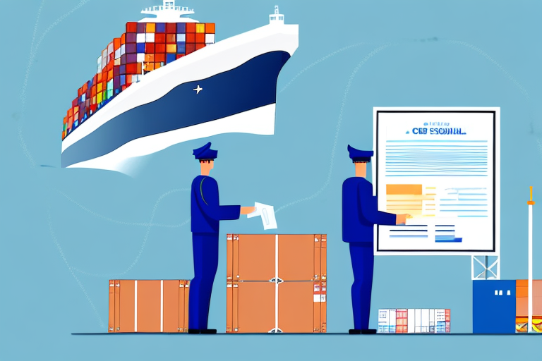 A cargo ship arriving at a port with a customs officer checking the paperwork