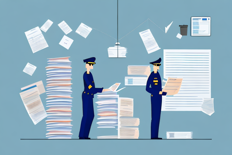 A customs officer inspecting a stack of documents and paperwork