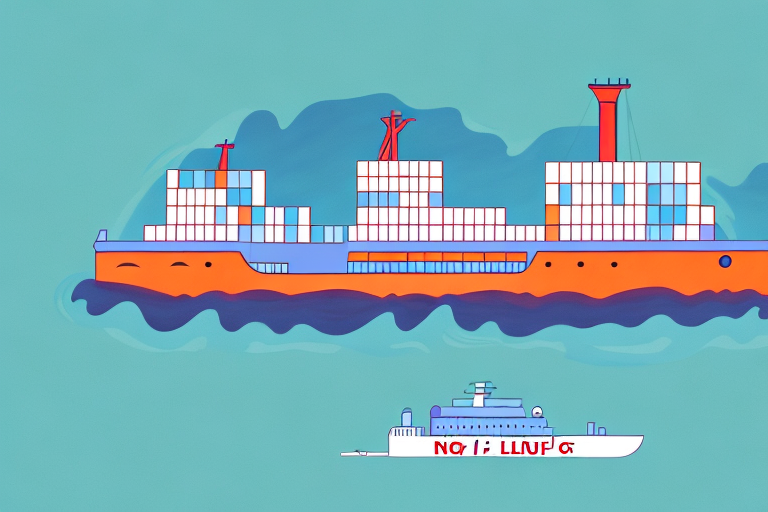 A cargo ship with a large "no forced labor" banner draped across it