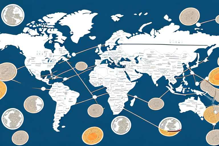 A global map with arrows showing the movement of goods and money between countries