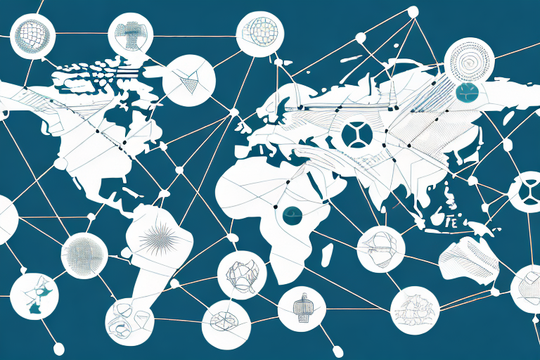 A complex global trade network with arrows connecting different countries