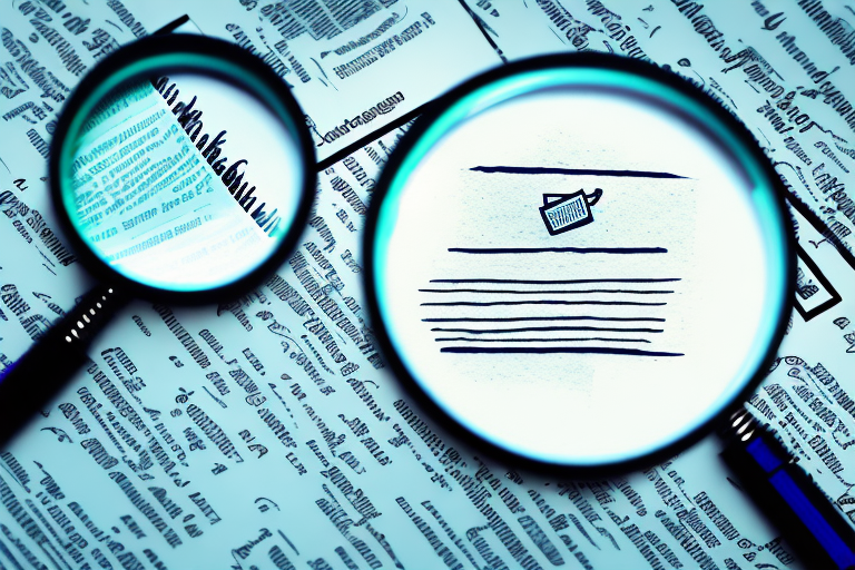 A magnifying glass inspecting a stack of documents