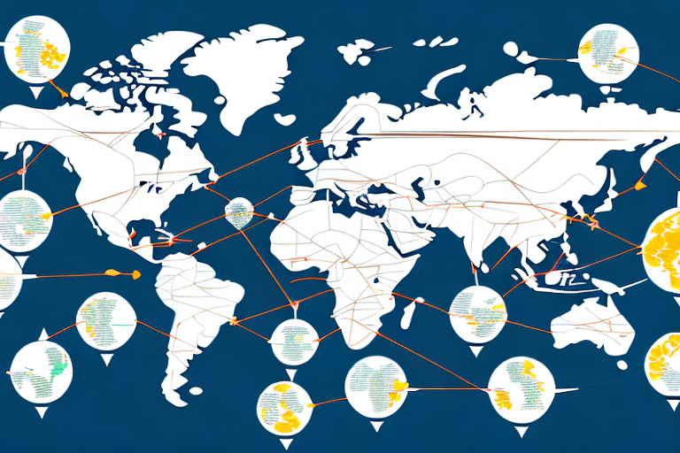 A global map with arrows indicating the flow of trade between countries