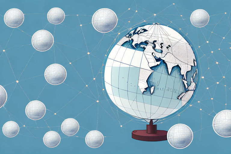 A globe with a network of trade routes connecting countries