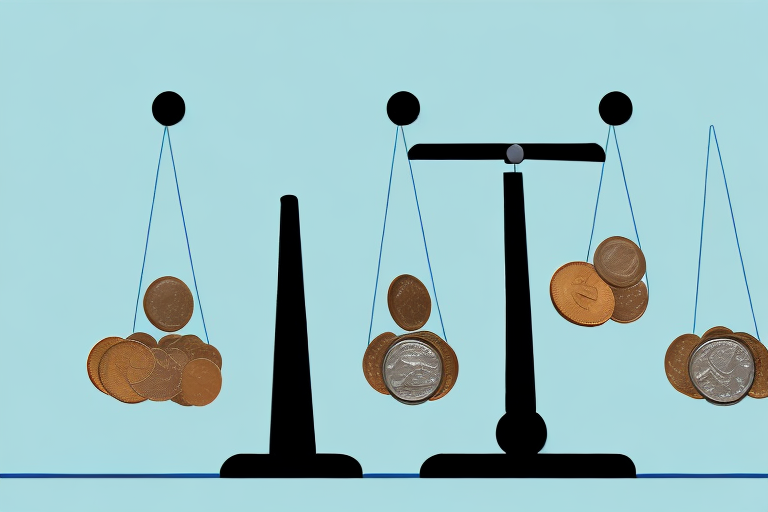 A balance scale with a stack of coins on each side