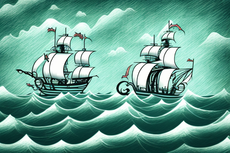 A pirate ship sailing on a stormy sea