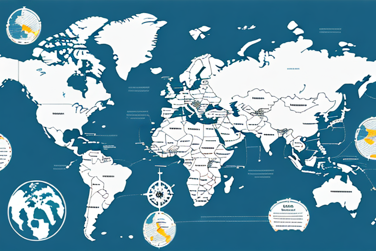 A map with a highlighted route from one country to another