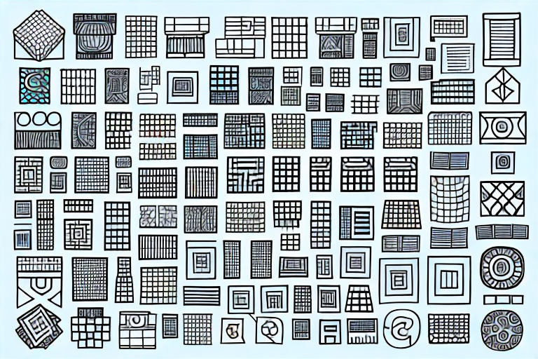 A grid of boxes with different symbols and colors