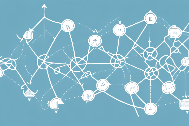 A complex supply chain network with arrows and boxes to represent the different stages