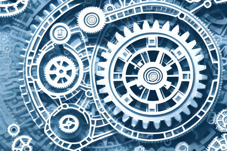 A complex network of interconnected gears and cogs representing the intricate regulations of the bureau of industry and security (bis)