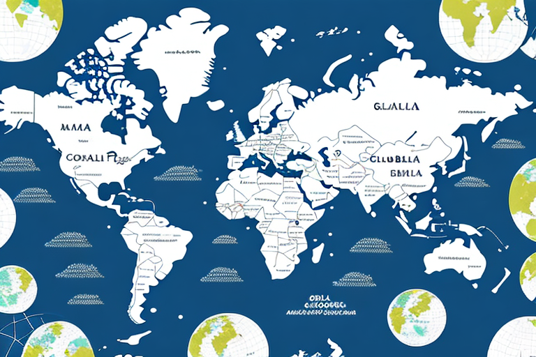 A global map with a variety of goods being shipped from one country to another