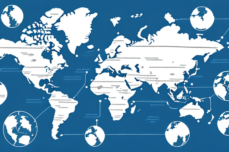 A map of the world with shipping containers and transportation routes highlighted