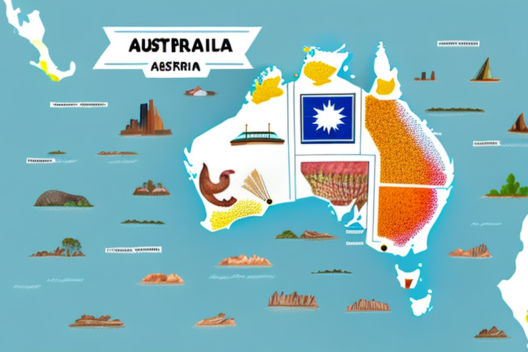 A map of australia with a group of items around it