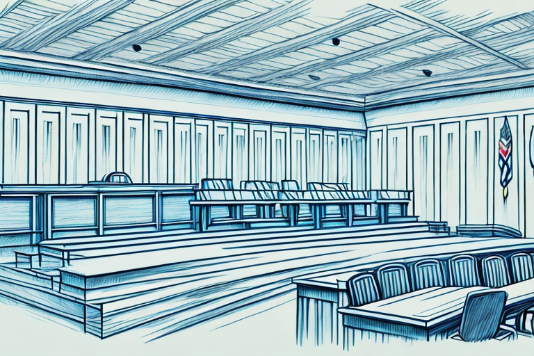 A courtroom with a judge's bench and a podium for the parties to present their case