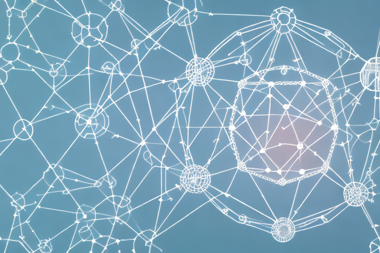 A complex network of interconnected shapes and symbols to represent the relationship between cmmc compliance and other cybersecurity frameworks and standards