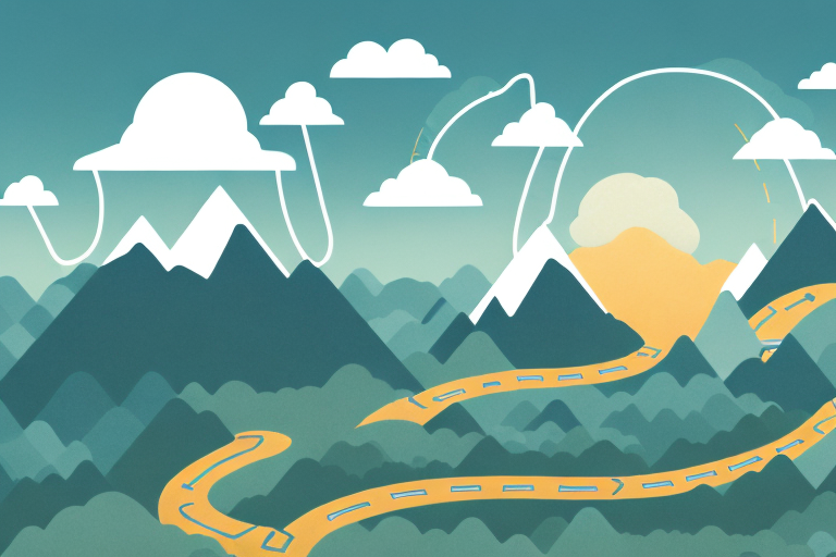 A company navigating a winding path through a landscape of mountains and clouds