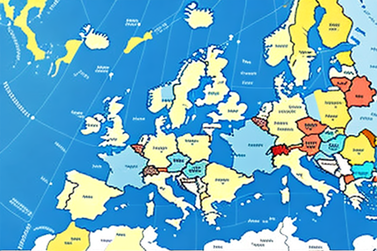 A map of europe with a plane flying over it