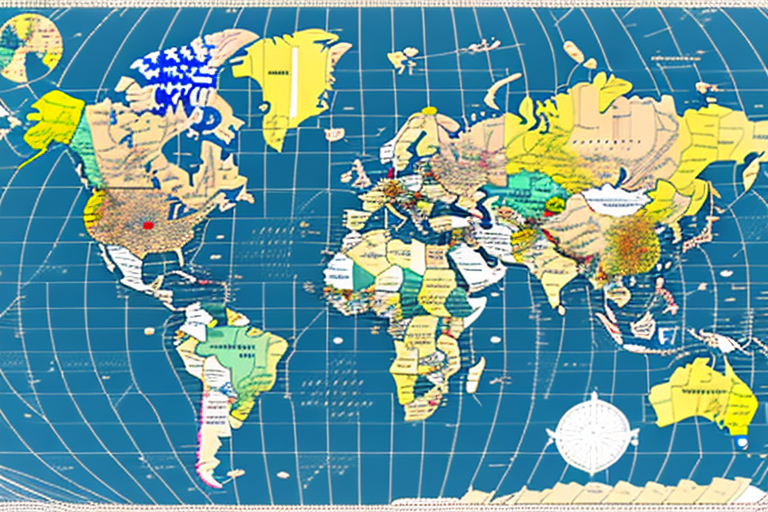 A world map with a variety of colored lines representing international borders and sanctions