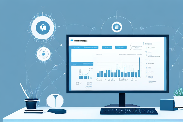 A business environment with a computer monitor displaying a sanctions compliance software interface