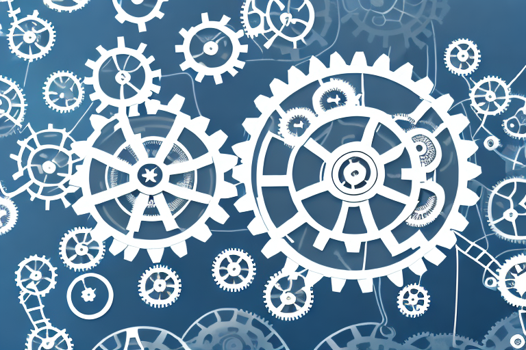 A complex network of interconnected gears and cogs representing the automation of sanctions compliance