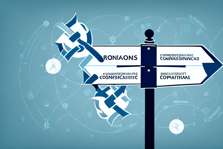 A crossroads with a signpost showing different paths leading to "sanctions compliance" and "corporate social responsibility"