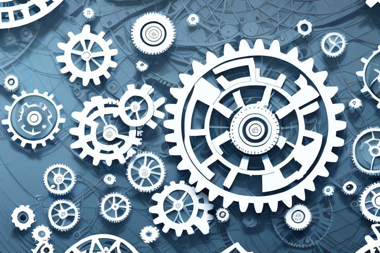 A complex network of gears and cogs representing the intricate process of compliance exception management