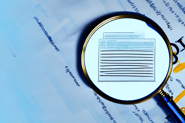 A magnifying glass hovering over a stack of documents