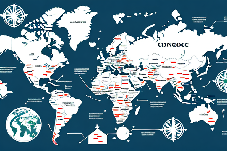 A map with arrows pointing to different countries