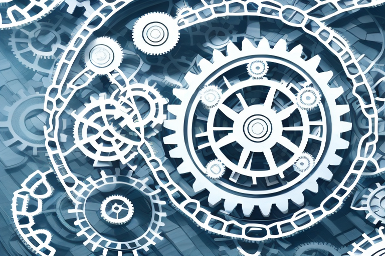 A complex network of interconnected gears and cogs to represent the intricate process of creating and implementing an effective sanctions compliance program