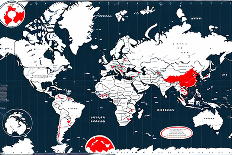 A global map with a red line drawn around a certain country