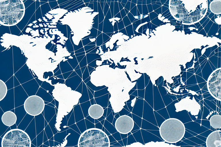 A global map with a web of interconnected lines representing the flow of data and resources between countries