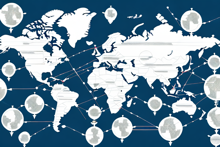 A global map with arrows indicating the flow of goods between countries