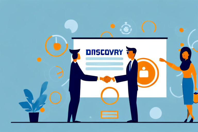 Two people shaking hands in front of a large sign that reads "discovery day" and "training"