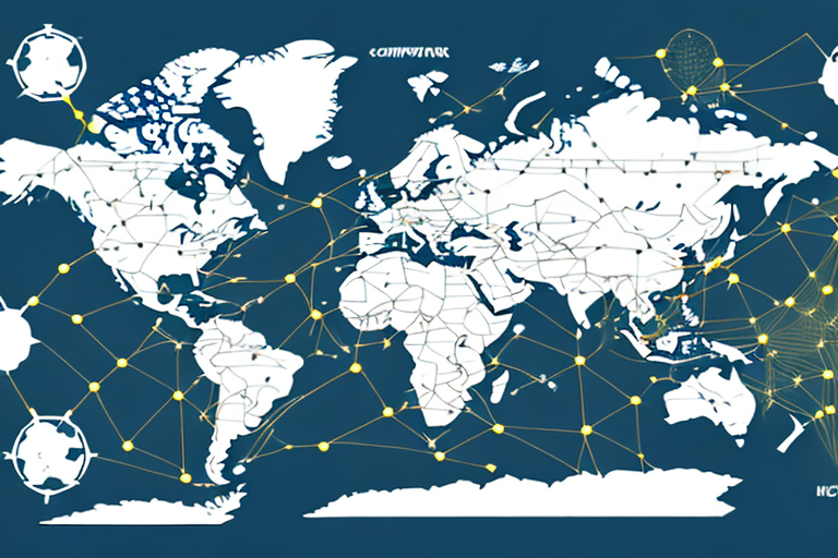 A computer monitor displaying a map of the world with a network of lines connecting various countries