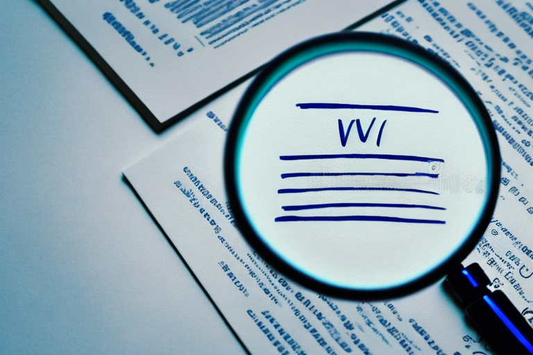 A magnifying glass hovering over a stack of documents to represent the concept of watchlisting