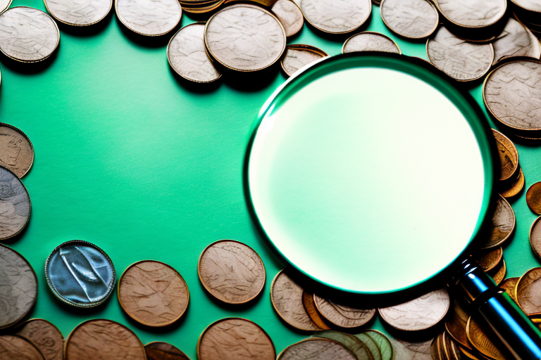 A magnifying glass hovering over a pile of coins