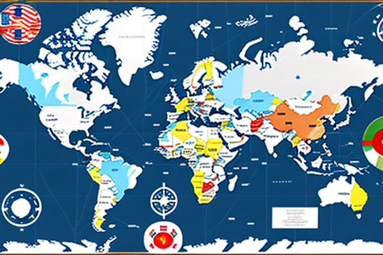 A world map with flags of different countries