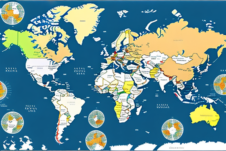 A world map with various countries highlighted in different colors to represent different levels of risk