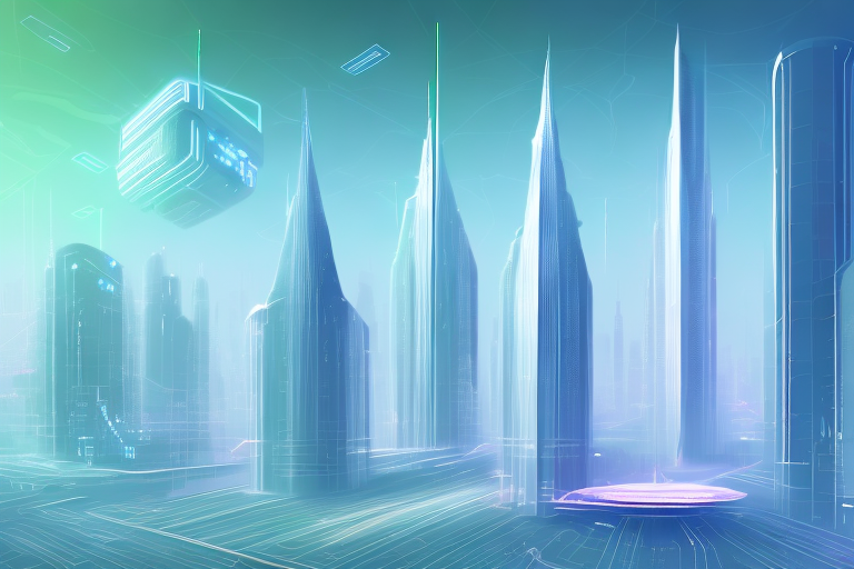 A futuristic cityscape with a large