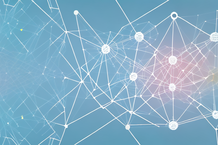 A complex network of interconnected shapes and colors to represent the process of conducting customer due diligence and enhanced due diligence