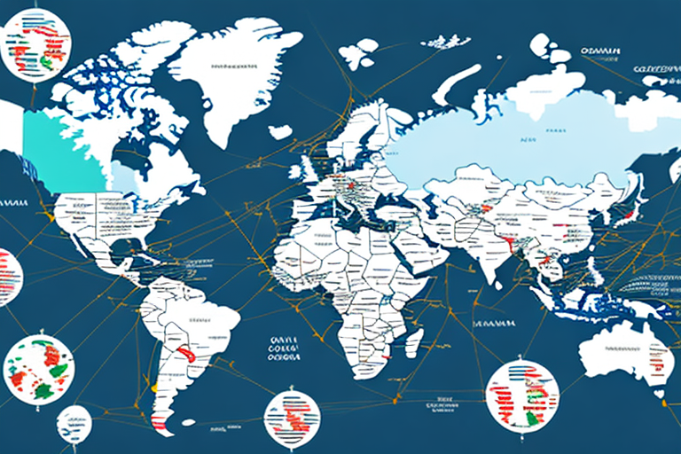 A world map with arrows pointing to different countries