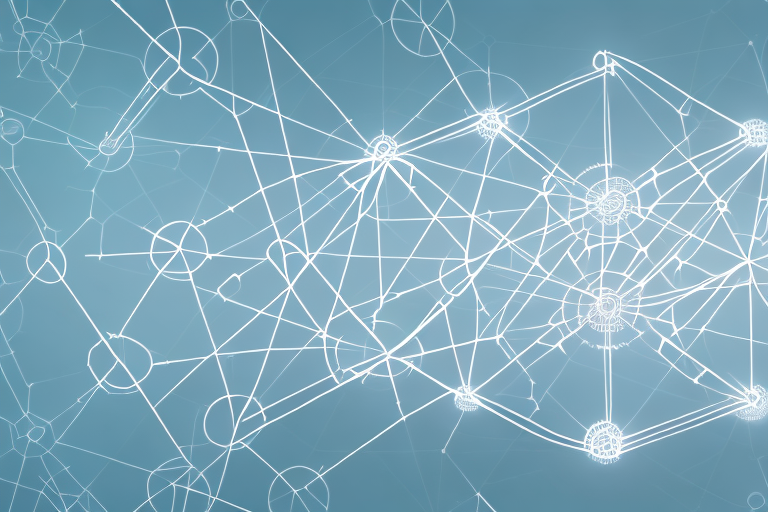 A complex network of interconnected shapes and arrows to represent the process of aml compliance